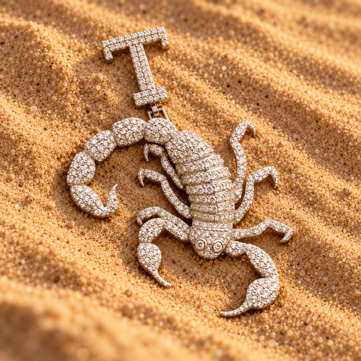 Scorpion White Metal-Tone Pavé Pendant with Curled Tail and T Initial Bail