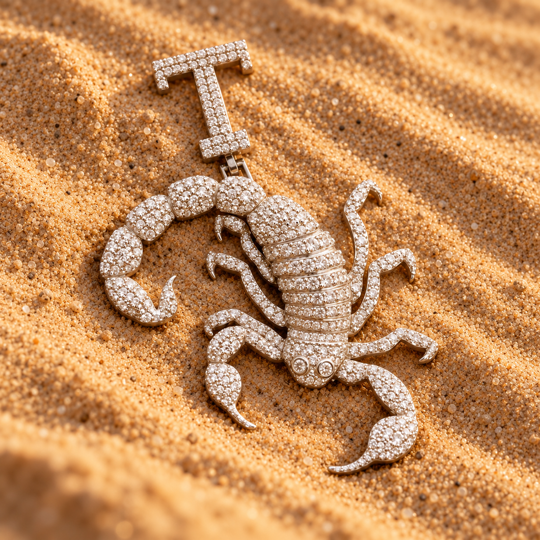 Scorpion White Metal-Tone Pavé Pendant with Curled Tail and T Initial Bail