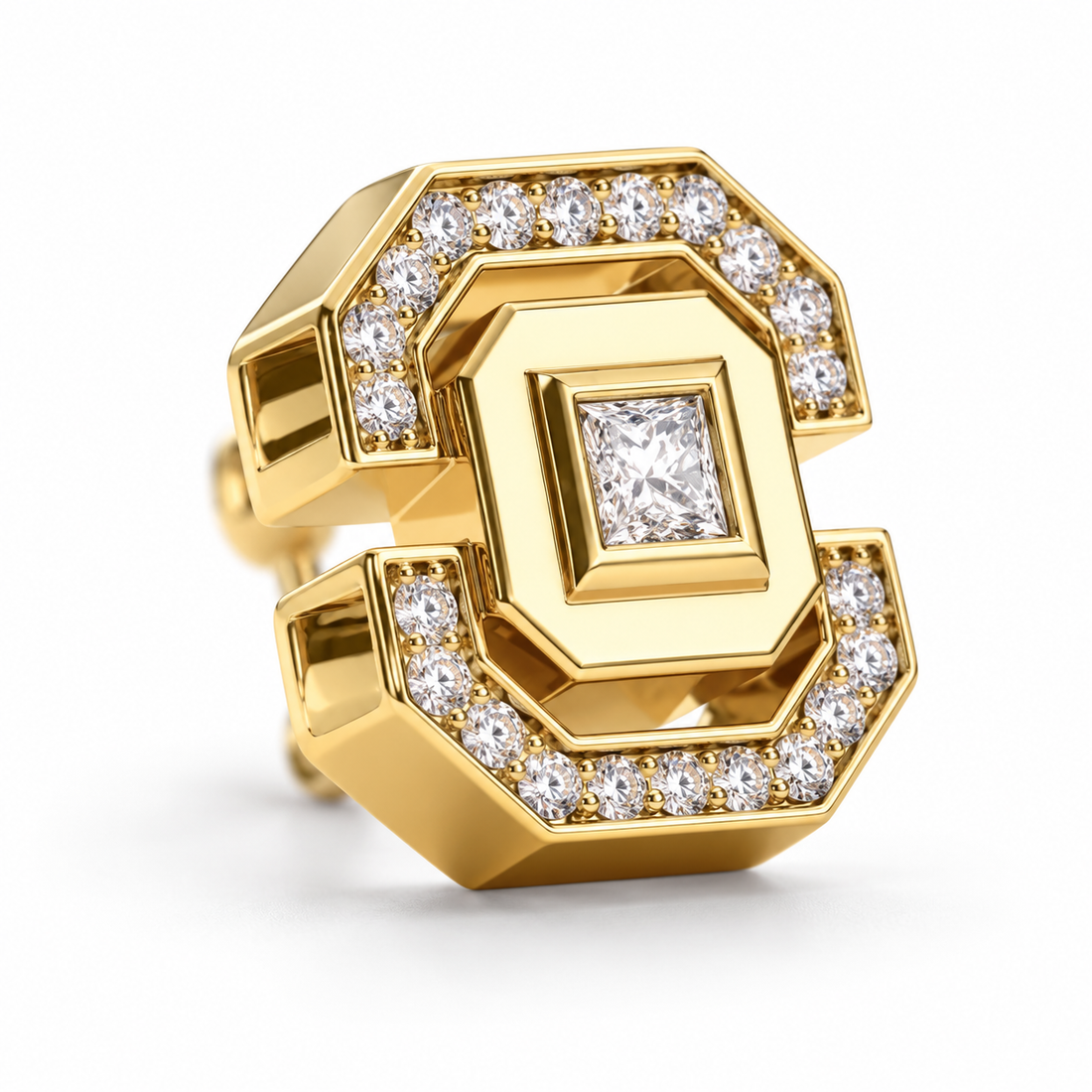 Men’s Square Center Stone Geometric Yellow Gold-Tone Stud Earring