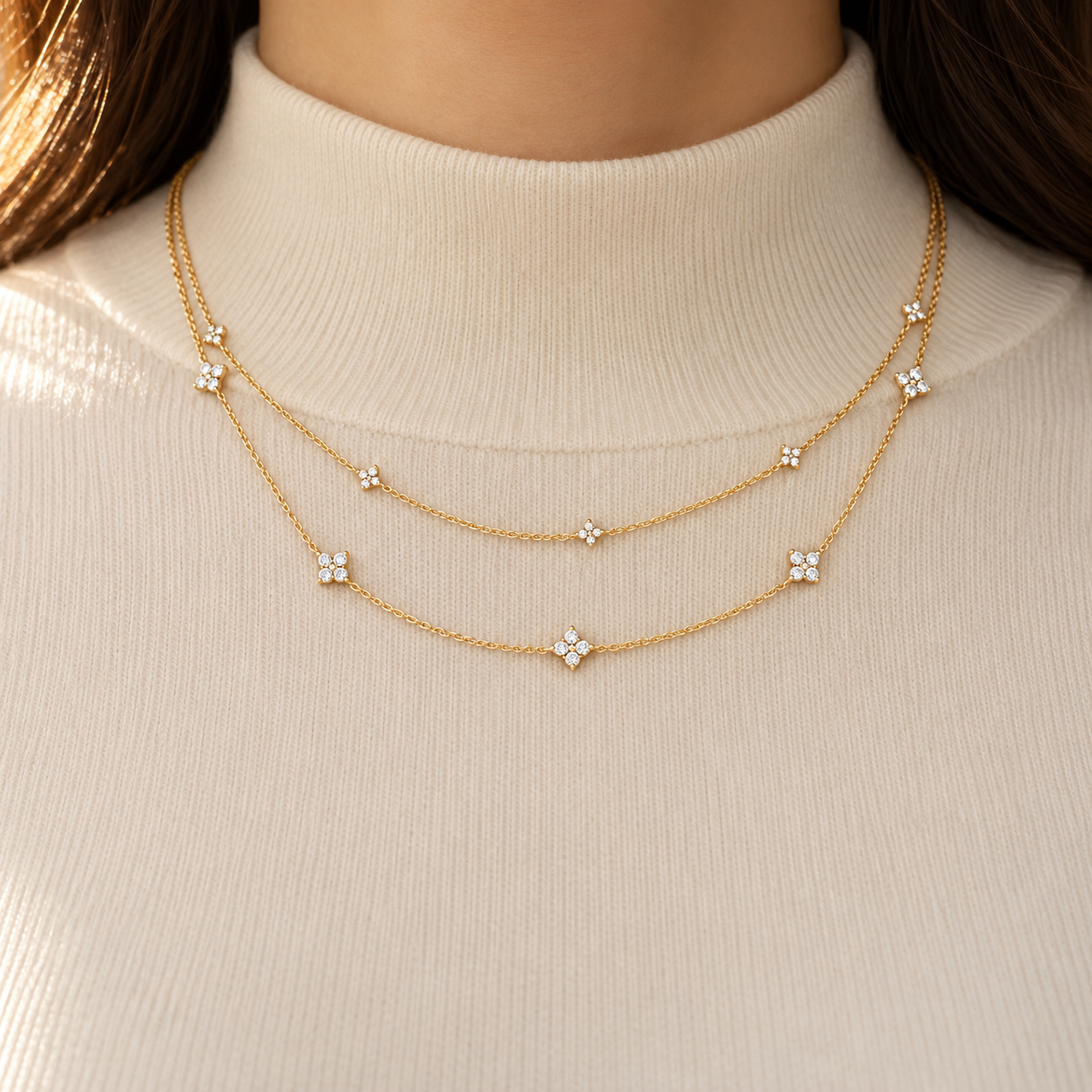 Double Layer Four Petal Clover Yellow Gold Station Necklace