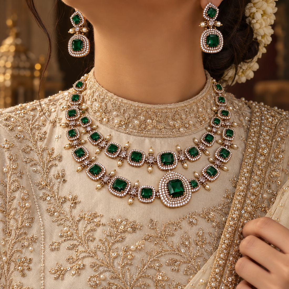 Green Cushion Cut Halo Yellow Gold Bridal Necklace & Earrings Set