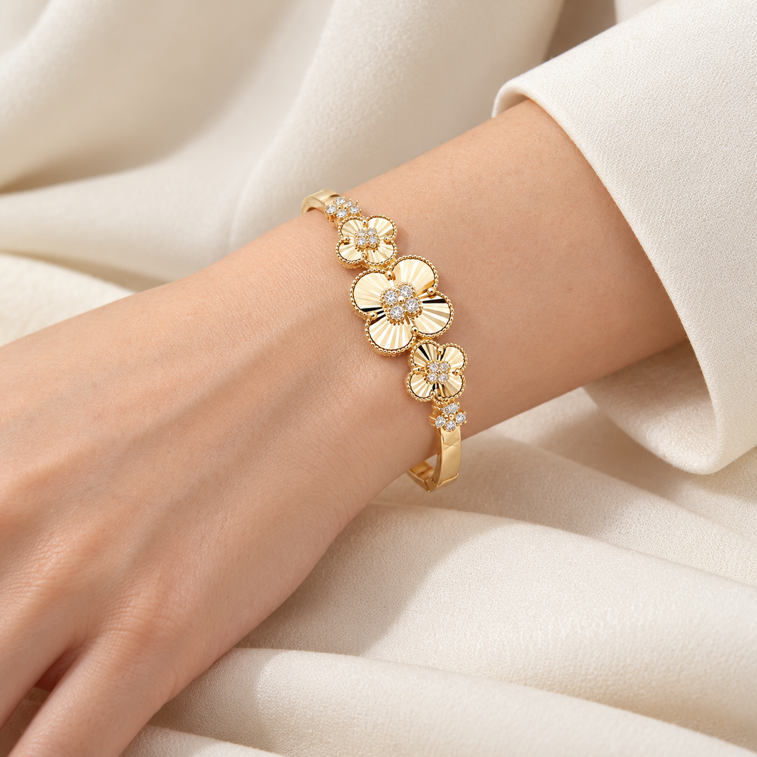 Clear Stone Fluted Clover Flower Yellow Gold-Tone Bangle Bracelet