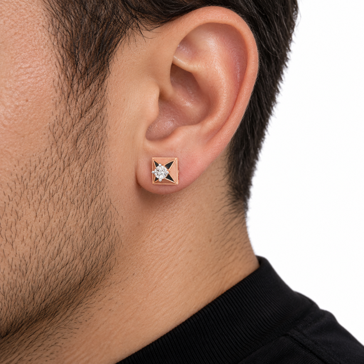 Men’s Square Rose Gold-Tone Stud Earring with Black Accents and Round Center Stone