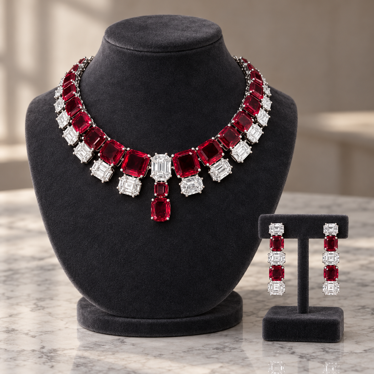 Deep Red and Clear Geometric Bridal Necklace and Drop Earrings Set