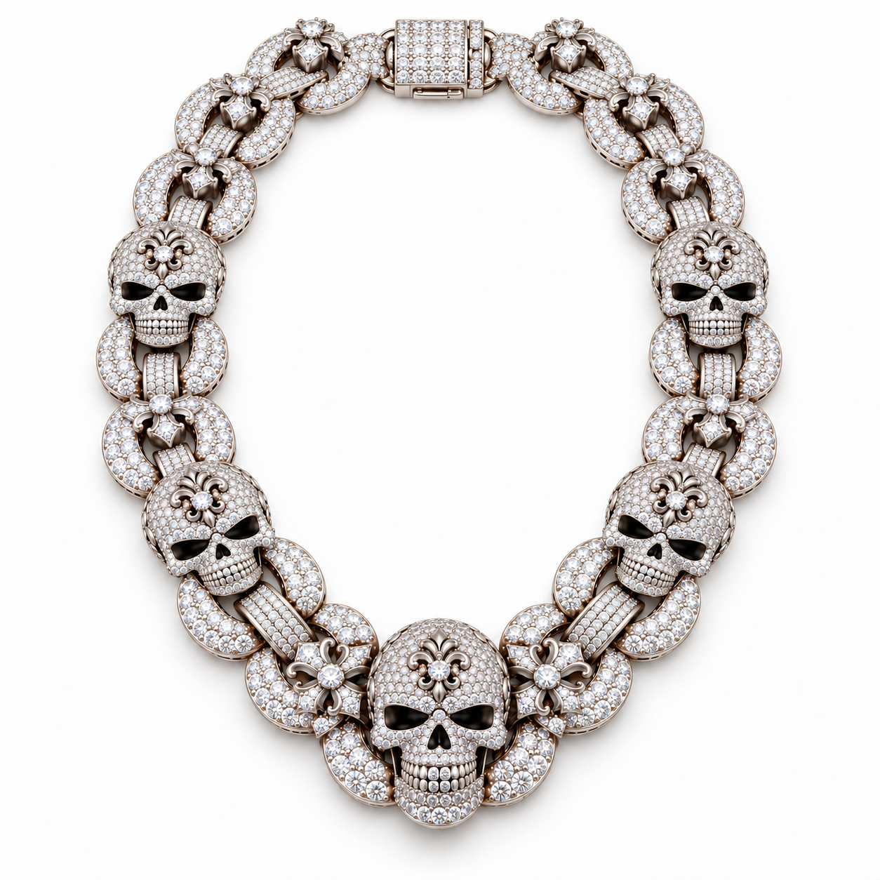 Iced Out Skull & Fleur-de-Lis Link Necklace | Custom Hip Hop Jewelry