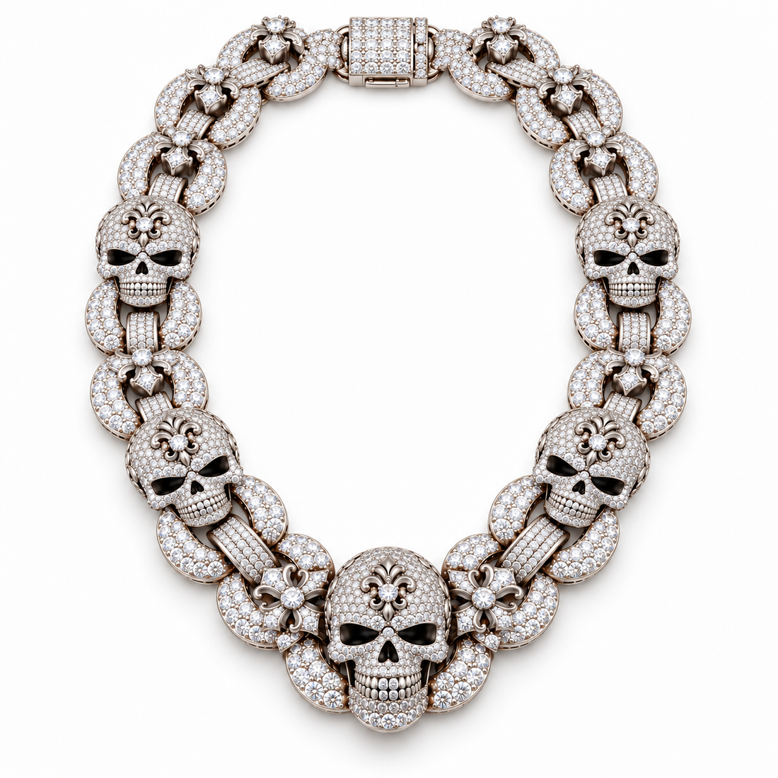 Iced Out Skull & Fleur-de-Lis Link Necklace | Custom Hip Hop Jewelry