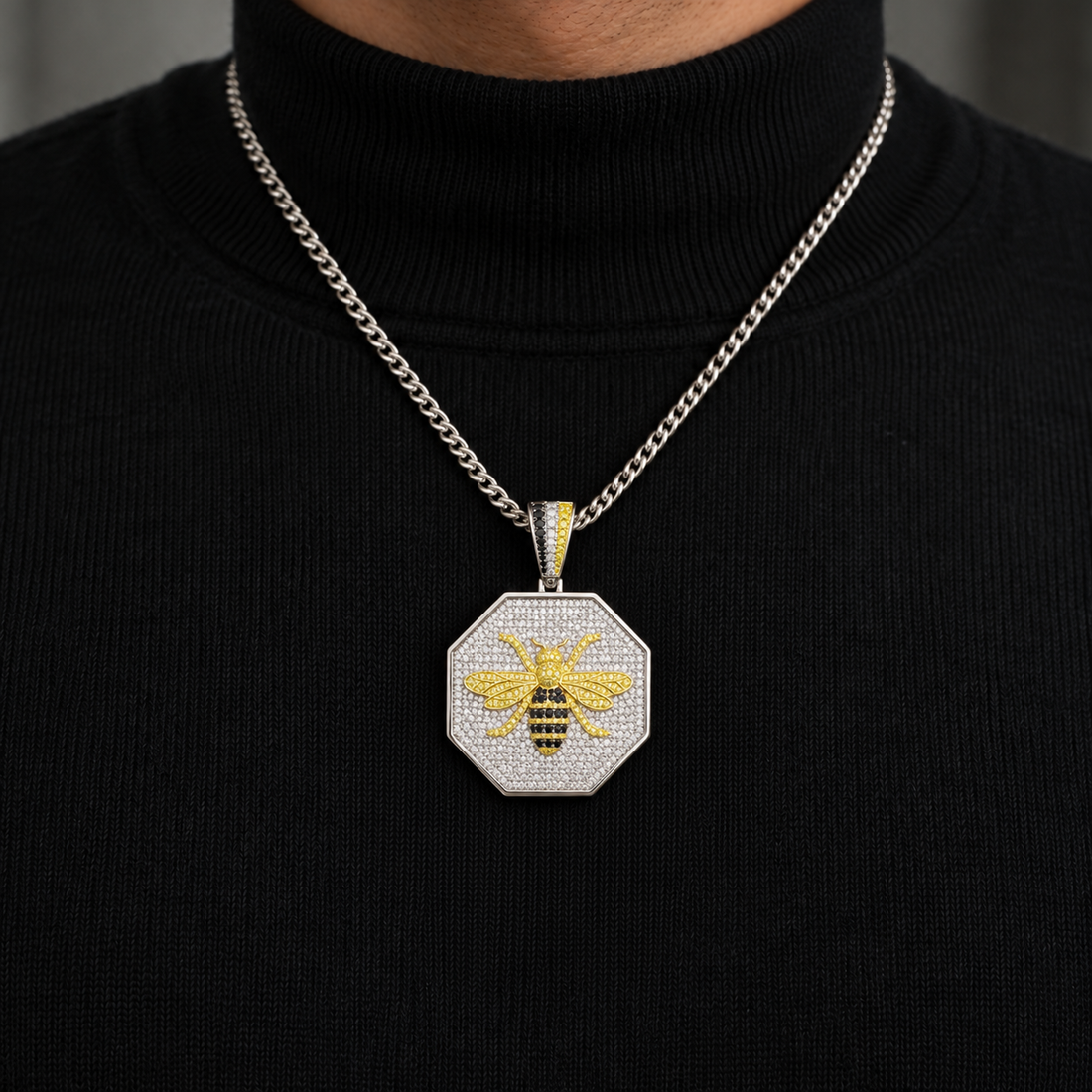 Octagonal Pavé Bee Pendant with Yellow Gold-Tone Detailing and Black Stone Accents
