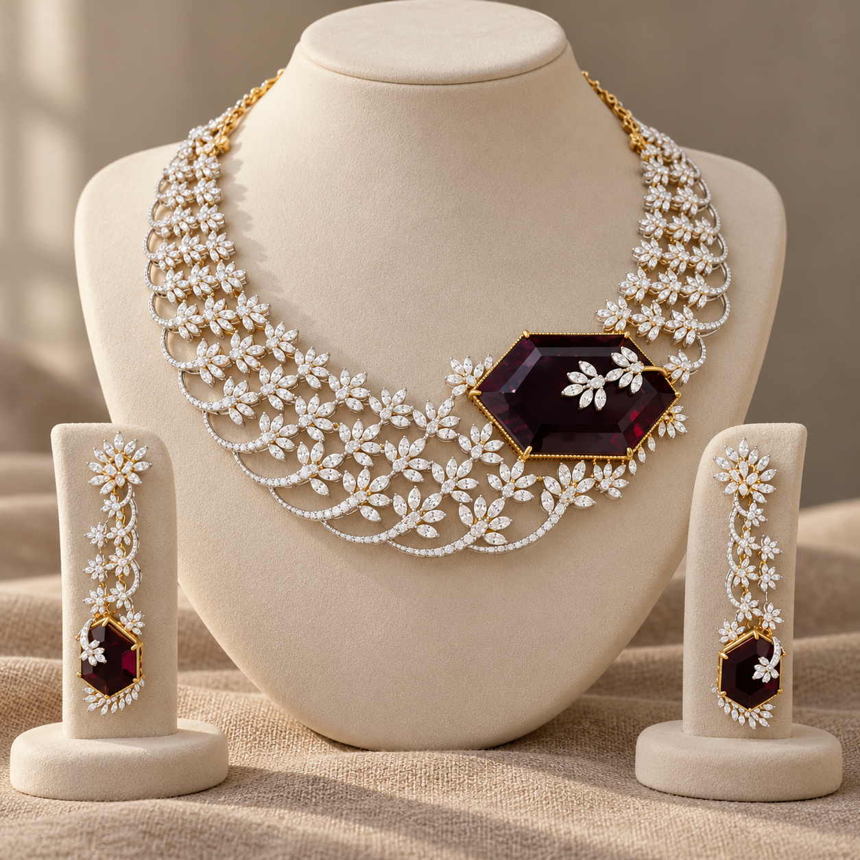 Moissanite Floral Scalloped Bridal Necklace and Earrings Set with Burgundy Accents