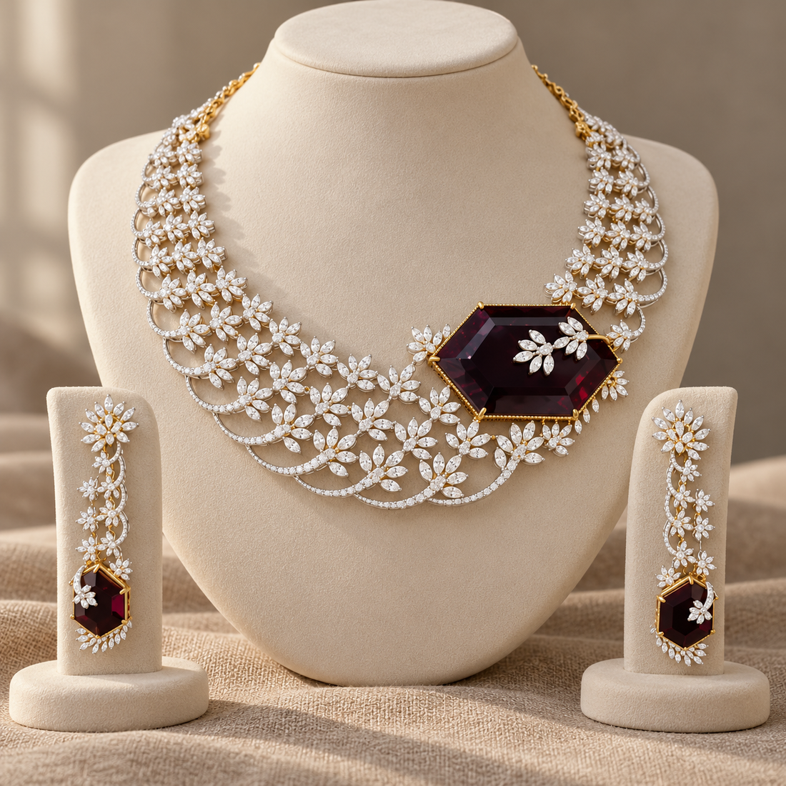 Moissanite Floral Scalloped Bridal Necklace and Earrings Set with Burgundy Accents