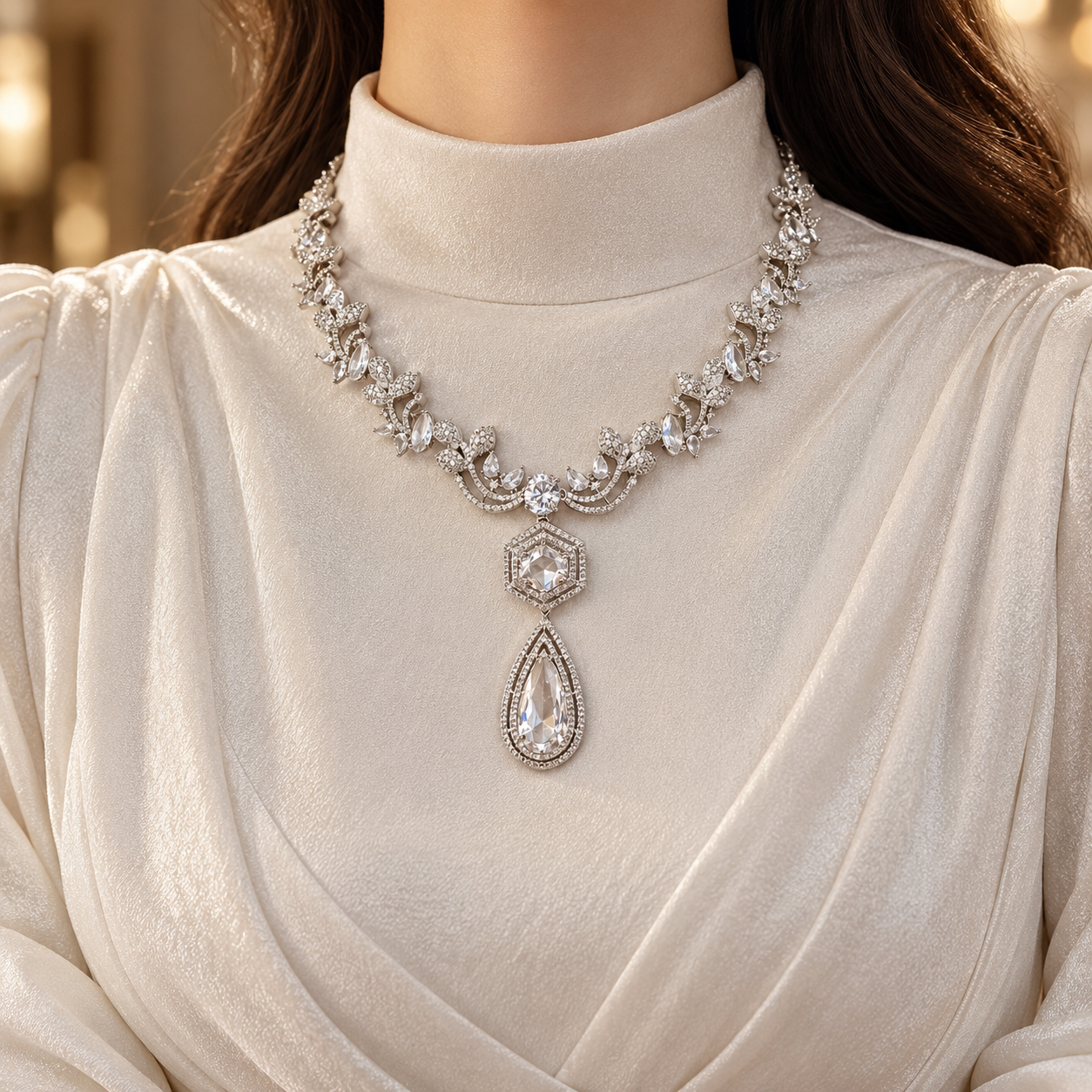 Marquise Floral Hexagon Pear Drop White Gold Statement Necklace