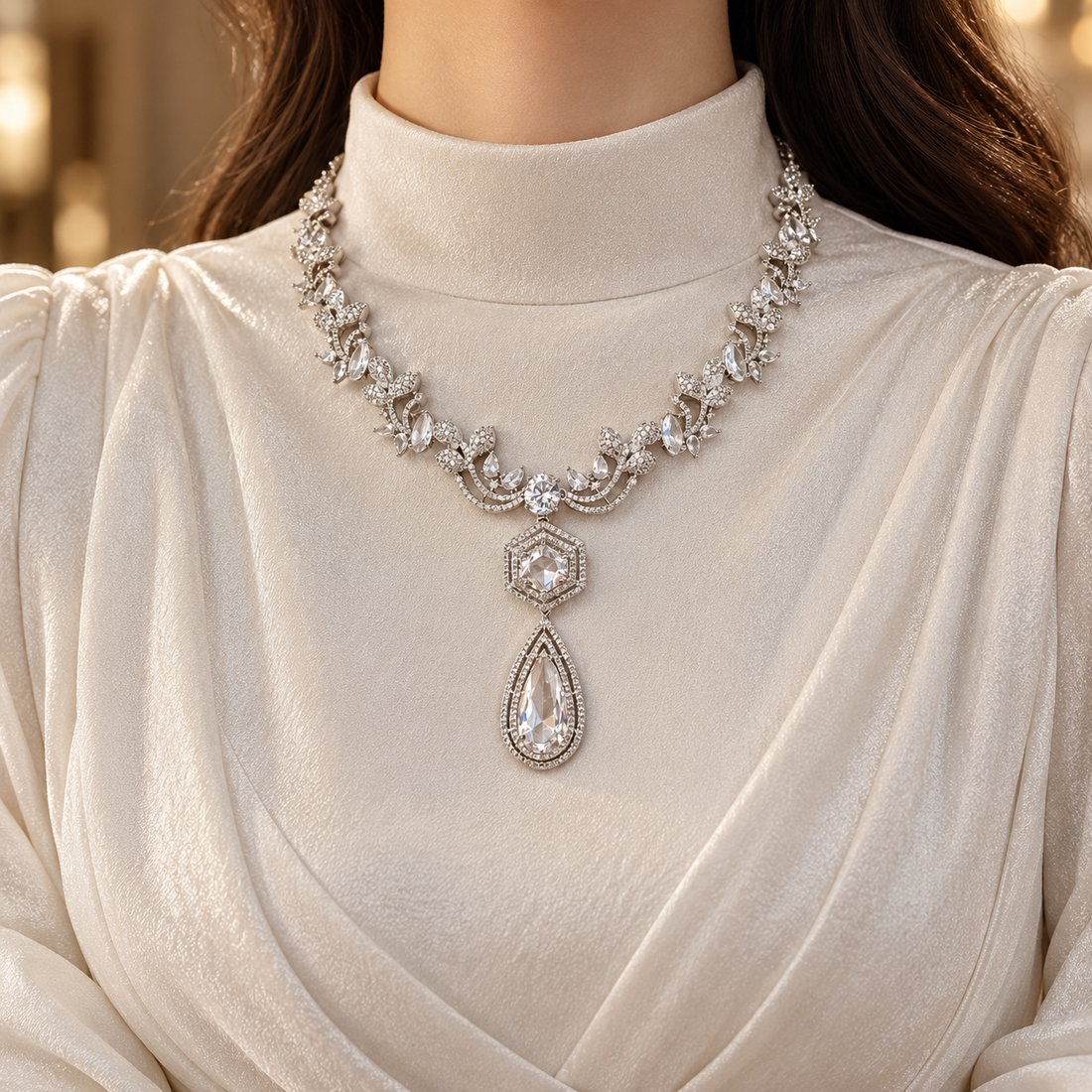 Marquise Floral Hexagon Pear Drop White Gold Statement Necklace