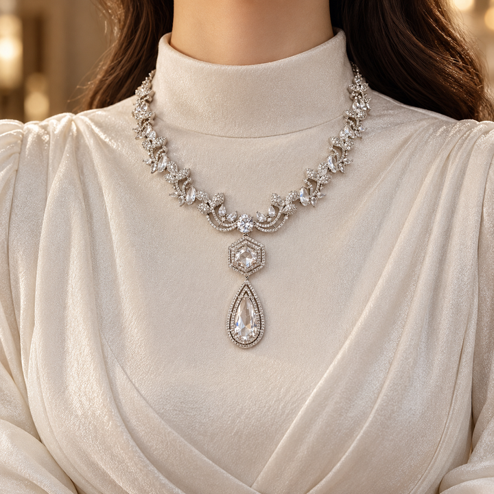 Marquise Floral Hexagon Pear Drop White Gold Statement Necklace