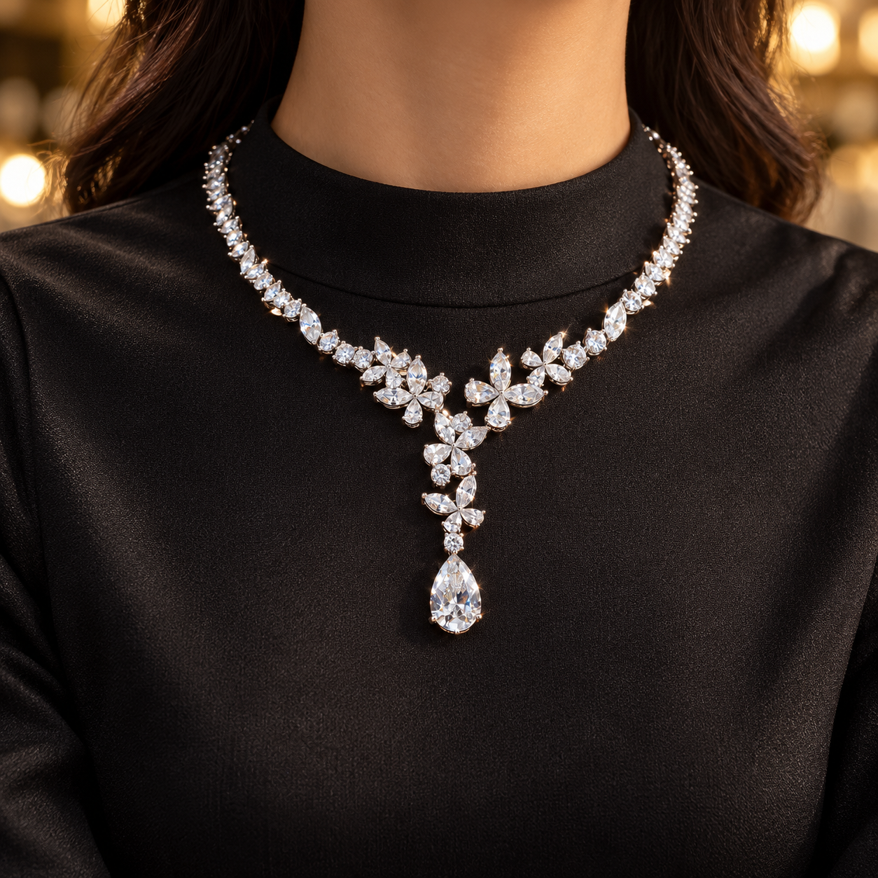 Marquise Floral Pear Drop White Gold Y Necklace