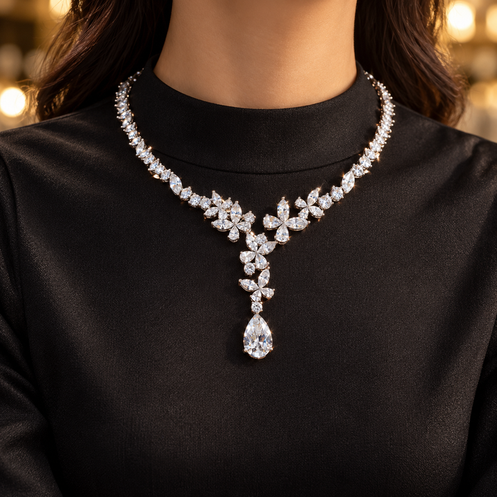 Marquise Floral Pear Drop White Gold Y Necklace