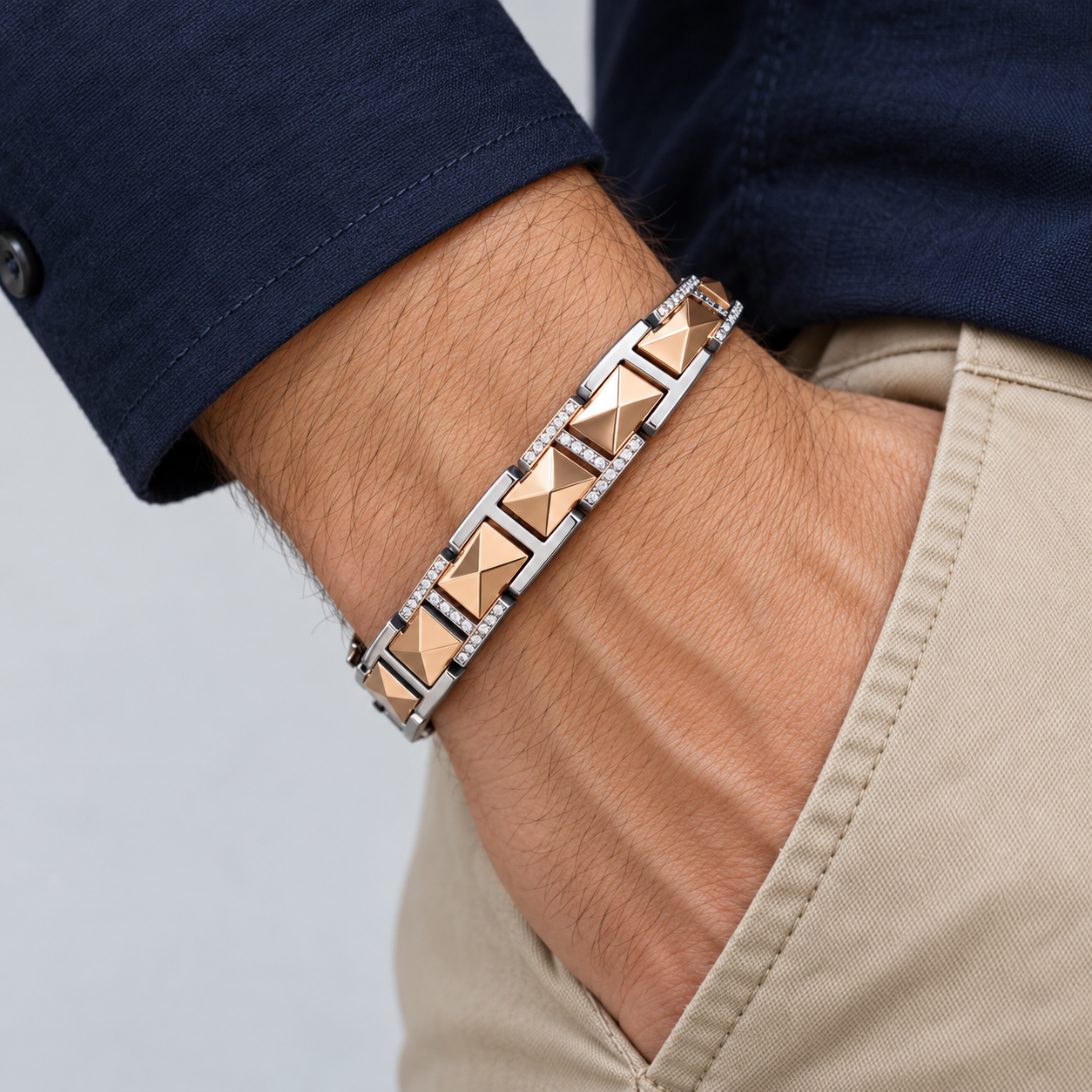 Two-Tone Rose Gold and Silver-Tone Pyramid Link Bracelet with Clear Stone Accents
