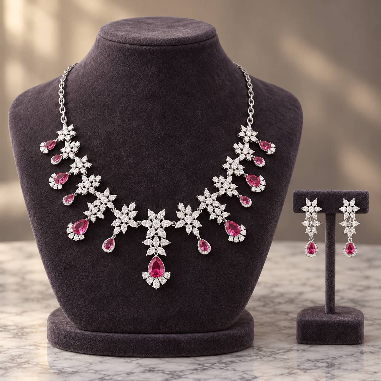 Pink Pear Drop Floral Cluster White-Tone Bridal Necklace and Earrings Set