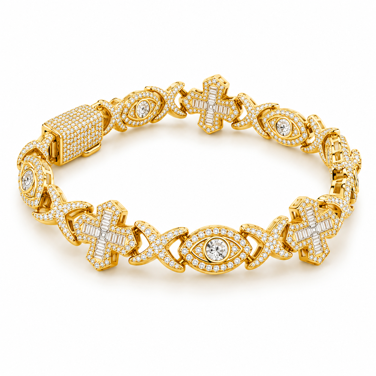 Iced Out Evil Eye & Cross Link Bracelet | Custom Hip Hop Jewelry