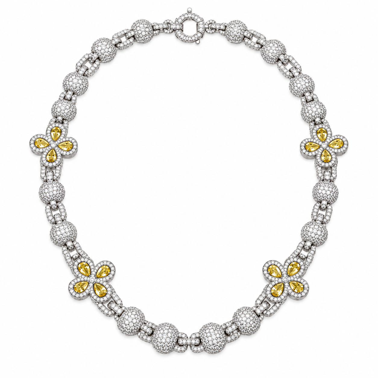 Iced Out Yellow Stone Floral Bead Link Necklace | Custom Hip Hop Jewelry