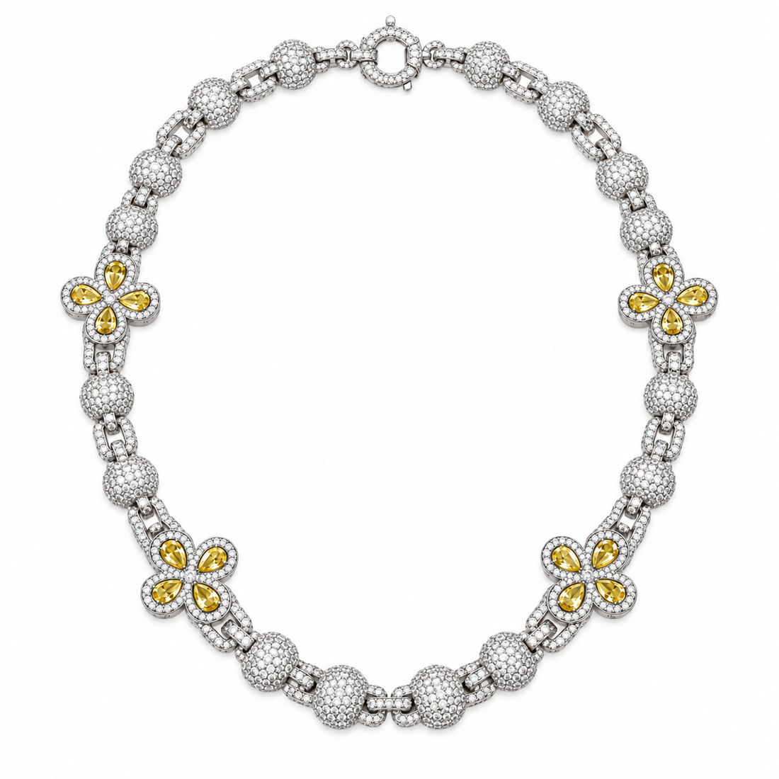 Iced Out Yellow Stone Floral Bead Link Necklace | Custom Hip Hop Jewelry