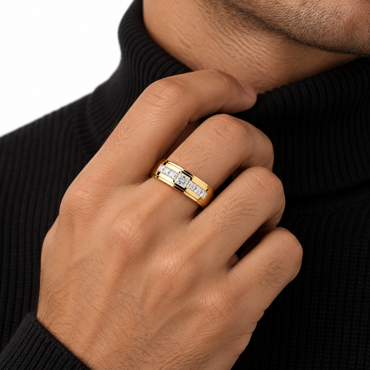 Seven Stone Princess Cut Yellow Gold-Tone Band Ring