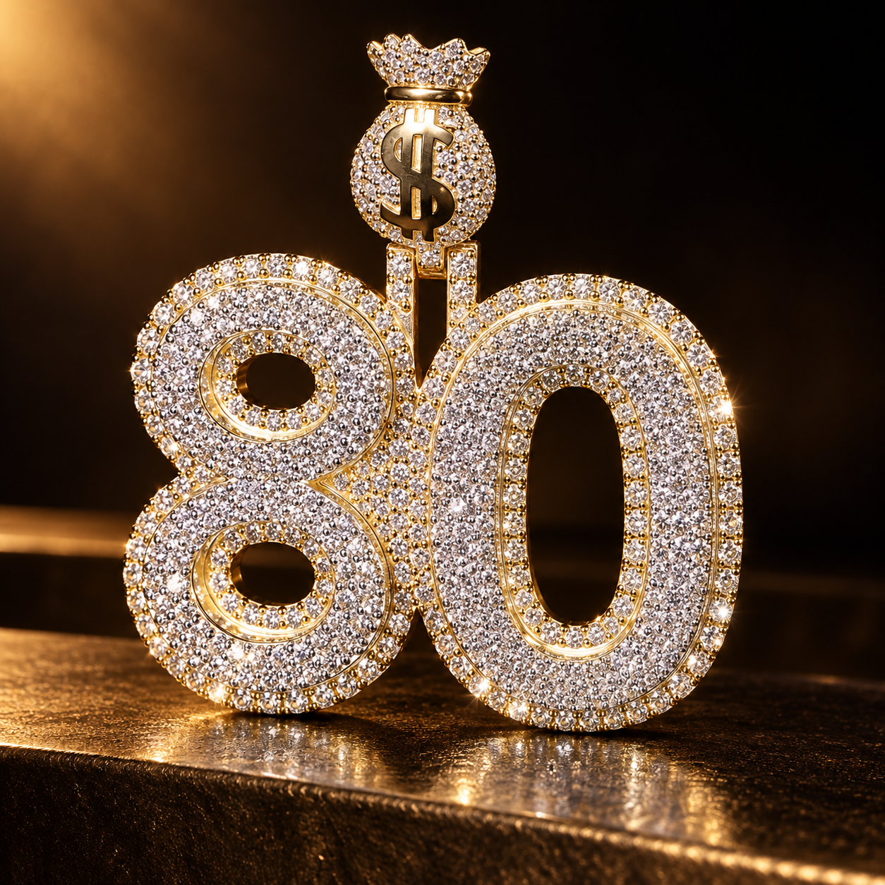 Custom Number 80 Iced Out Yellow Gold-Tone Pendant with Money Bag Bail – Hip Hop Jewelry