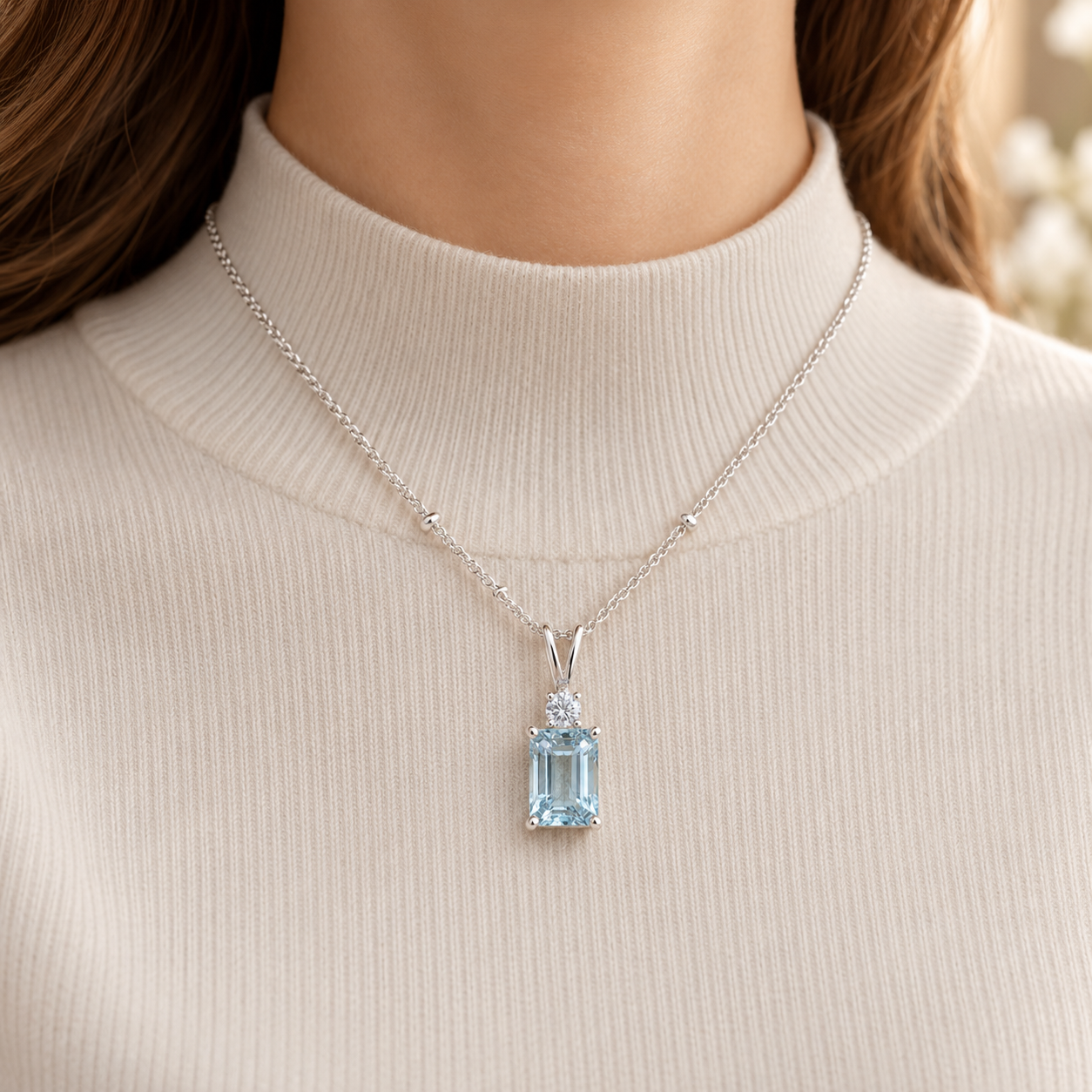 Emerald Cut Light Blue Stone White Gold Pendant Necklace