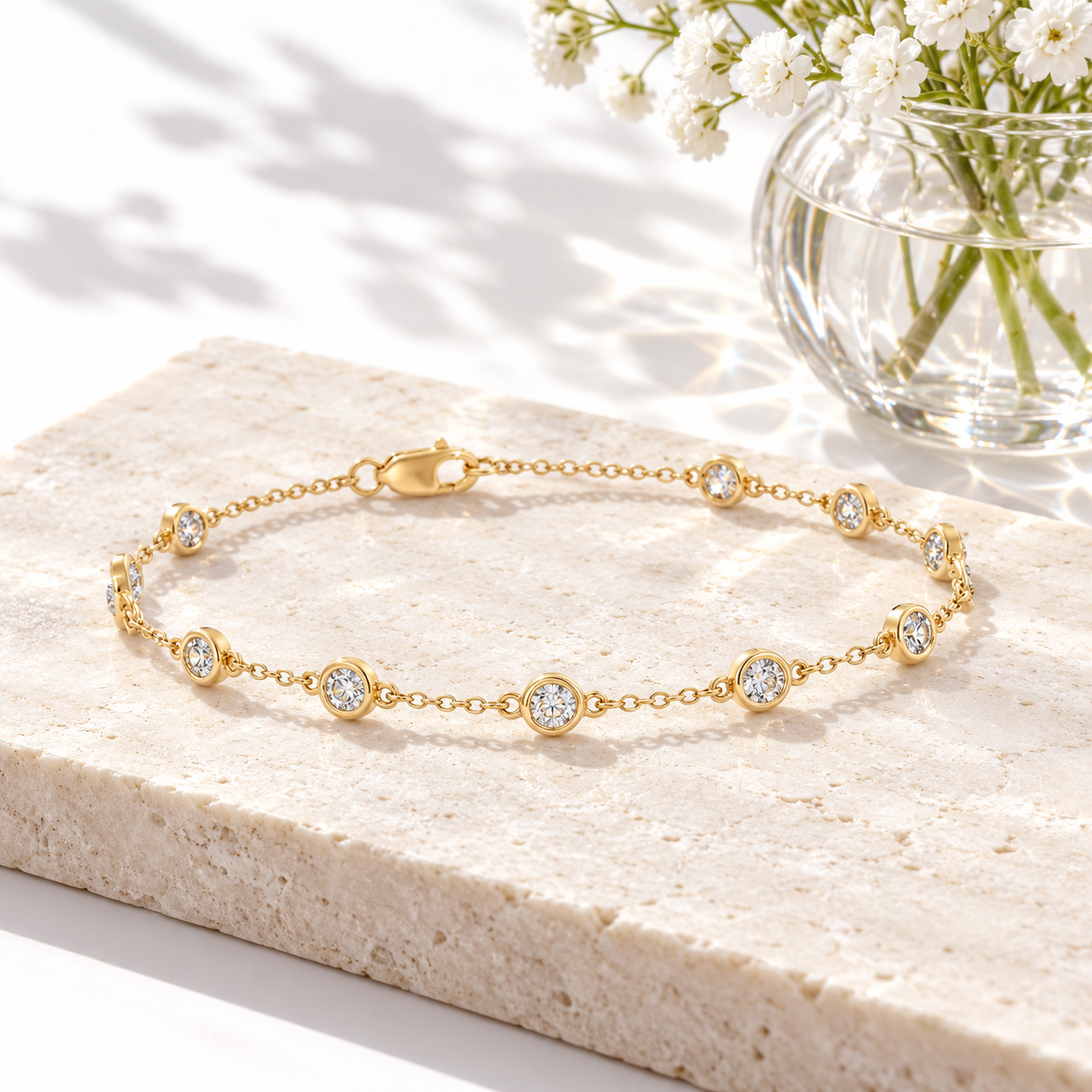 Round Bezel-Set Station Chain Bracelet in Yellow Gold Tone