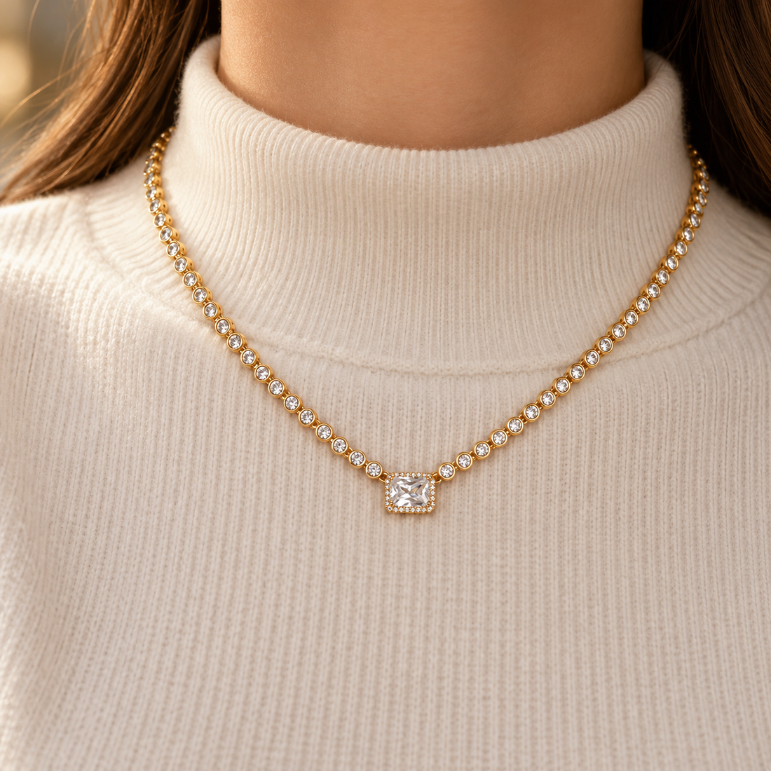 Princess Cut Halo Bezel Set Yellow Gold Tennis Necklace