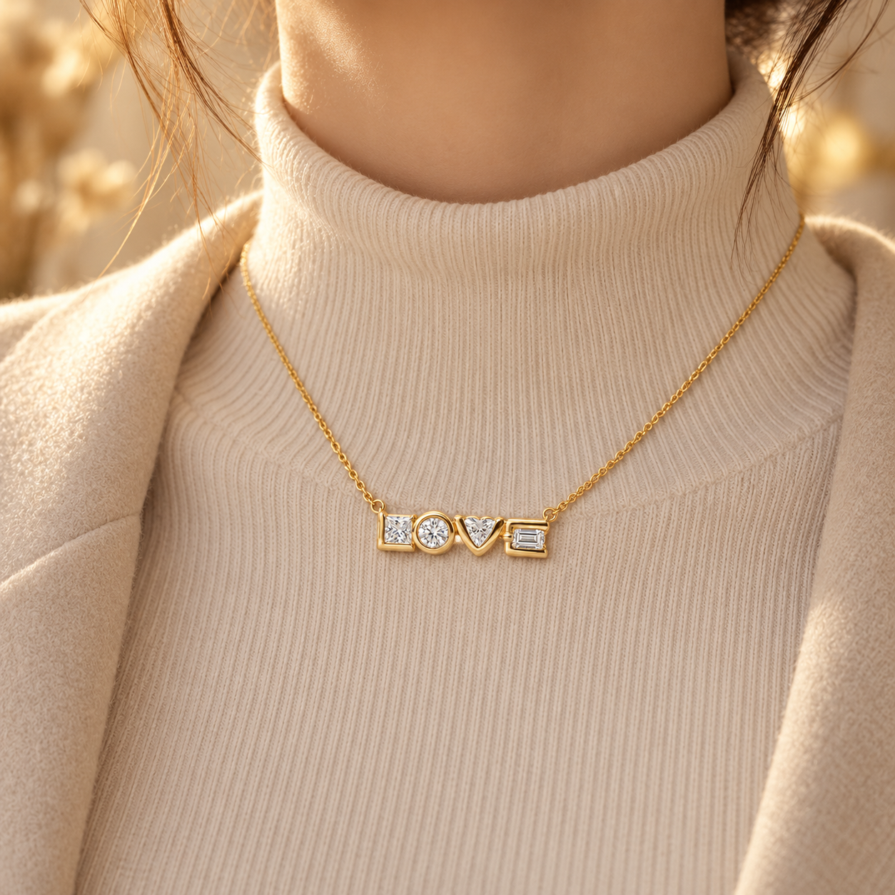 LOVE Mixed Cut Four Stone Yellow Gold Necklace