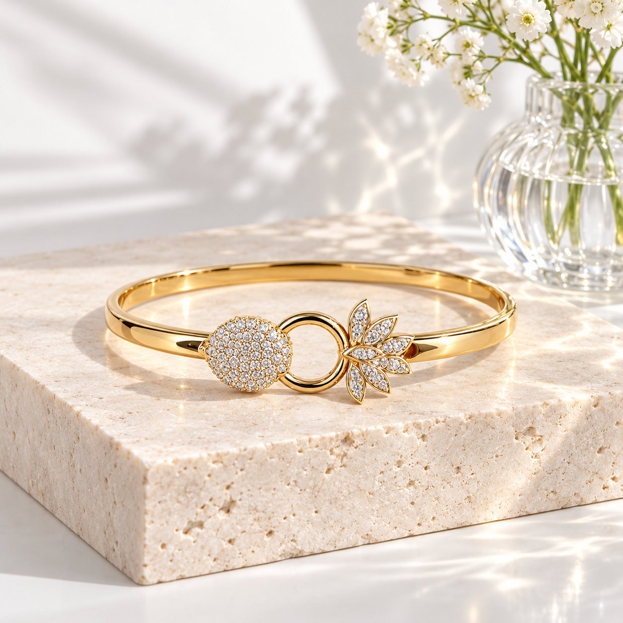 Yellow Gold-Tone Pavé Disc & Leaf Open Circle Bangle Bracelet