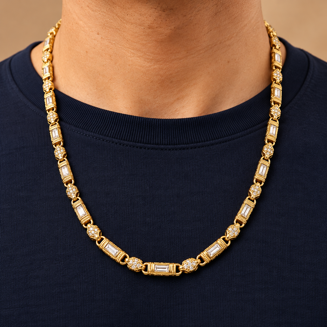 Gold-Tone Baguette-Style Floral Pavé Link Statement Necklace
