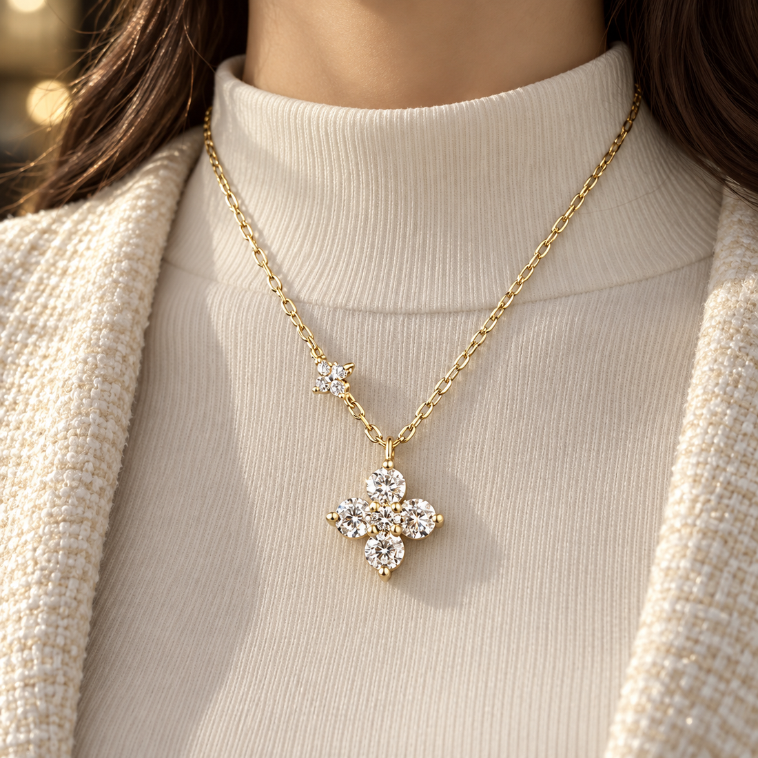 Four Petal Round Cut Floral Cluster Yellow Gold Pendant Necklace