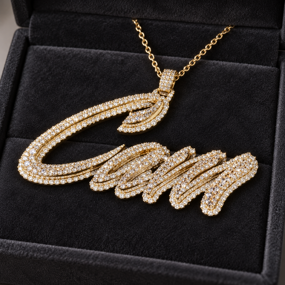 Cam Script Name Yellow Gold-Tone Pavé Pendant with Clear Round Stones