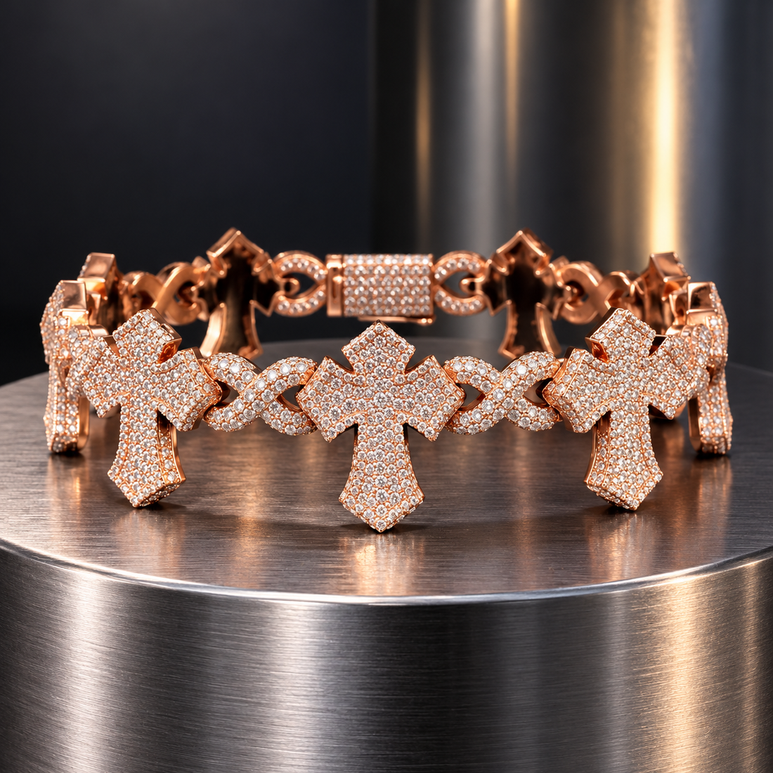 Iced Out Cross & Infinity Link Rose Gold-Tone Bracelet – Custom Hip Hop Jewelry