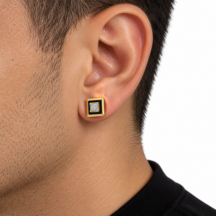 Men’s Black Square Yellow Gold-Tone Stud Earring with Princess Cut Center Stone