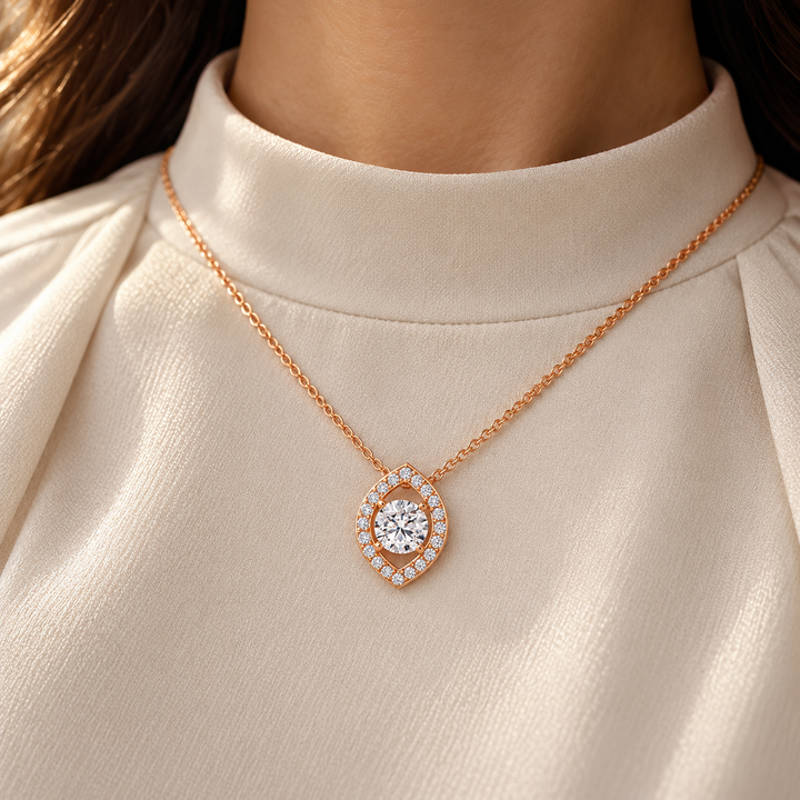 Round Cut Solitaire Marquise Halo Rose Gold Pendant Necklace