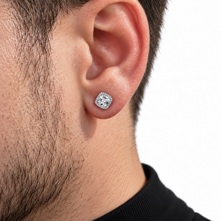 Men’s Cushion Cut Halo Silver-Tone Stud Earring