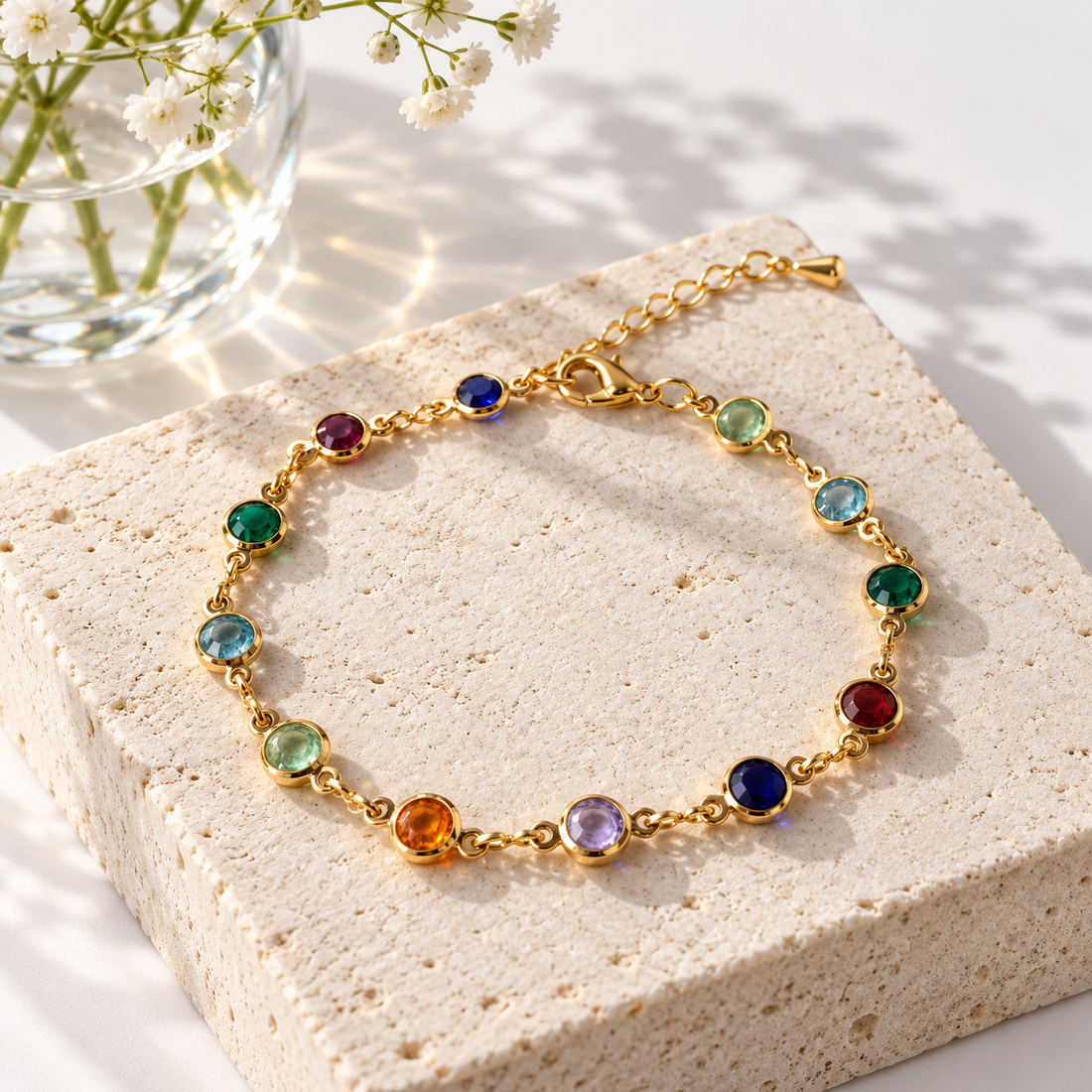 Multicolor Round Bezel-Set Station Bracelet in Yellow Gold Tone
