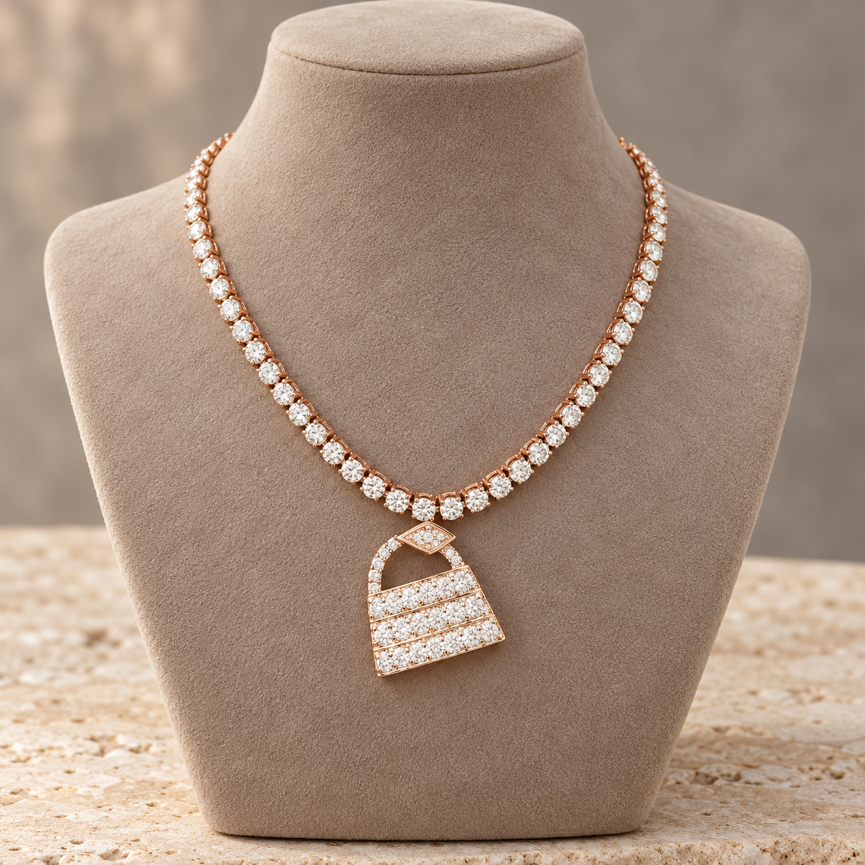 Rose Gold-Tone Tennis Necklace with Pavé Handbag Pendant