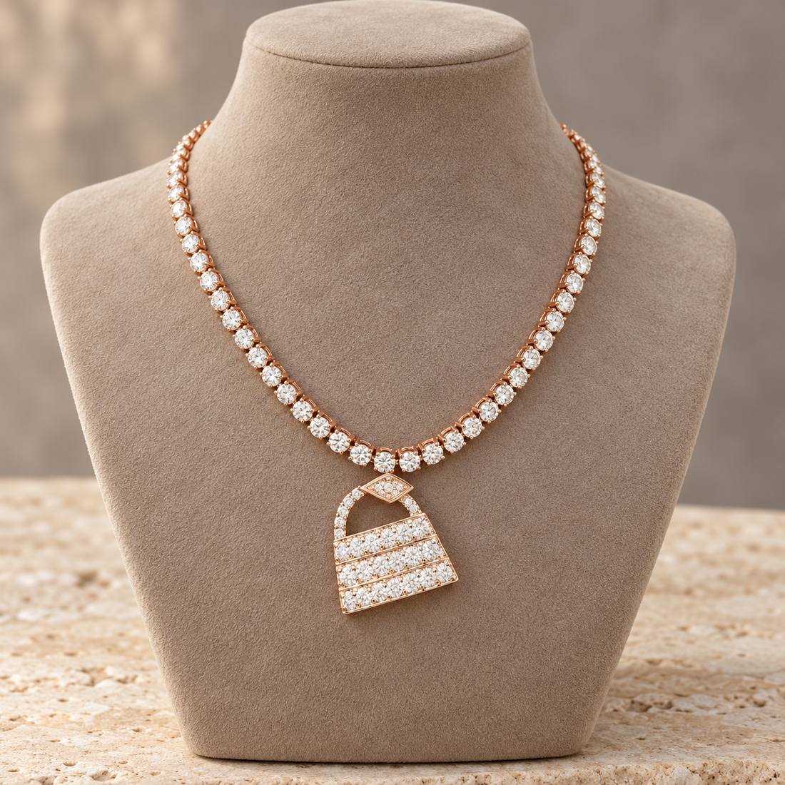 Rose Gold-Tone Tennis Necklace with Pavé Handbag Pendant