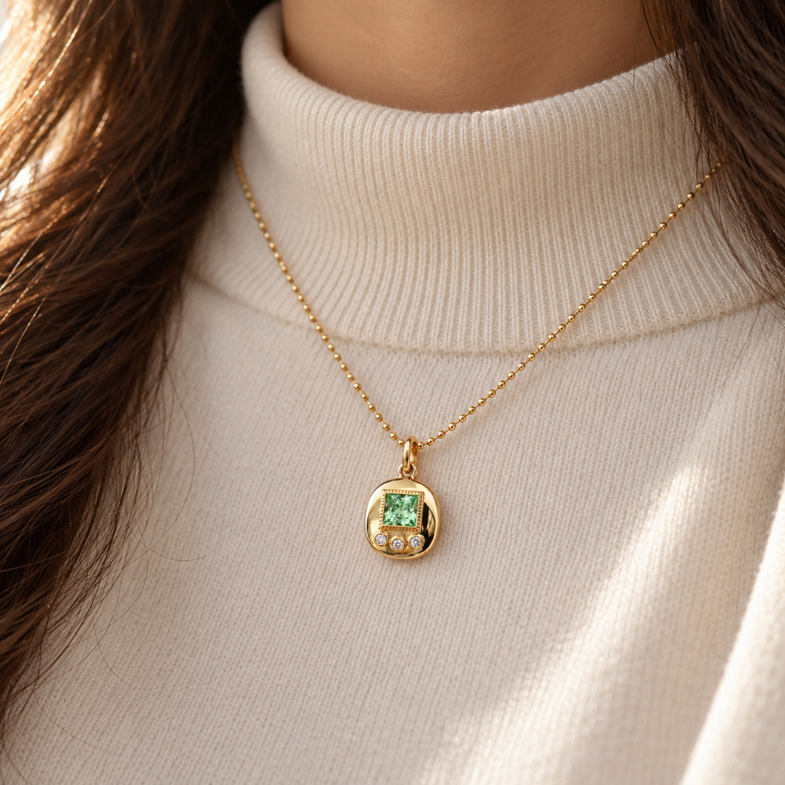 Princess Cut Green Stone Yellow Gold Disc Pendant Necklace