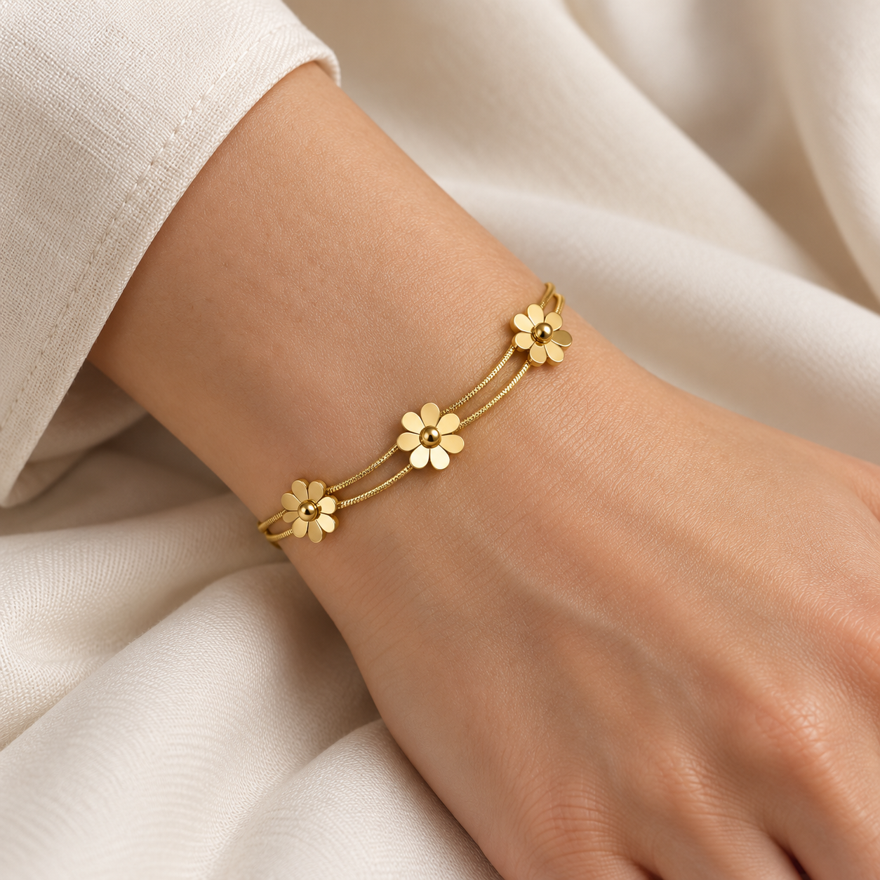 Polished Daisy Flower Double Snake Chain Yellow Gold-Tone Bracelet