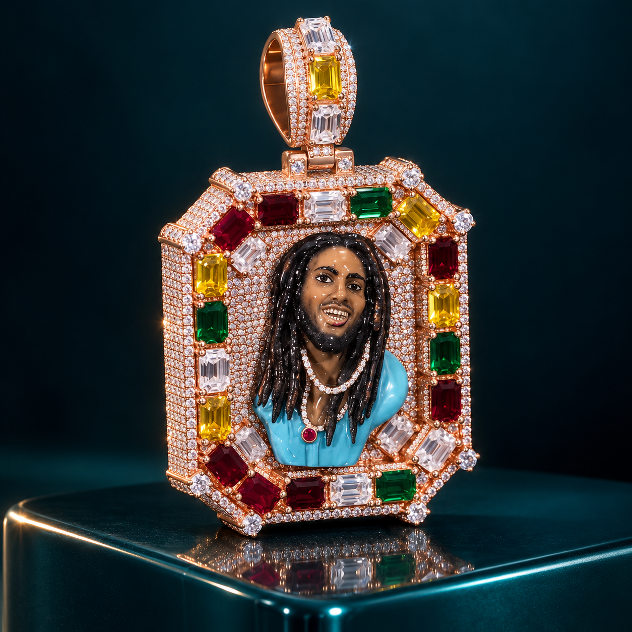 Multicolor Portrait Iced Out Rose Gold-Tone Pendant – Custom Hip Hop Statement Jewelry