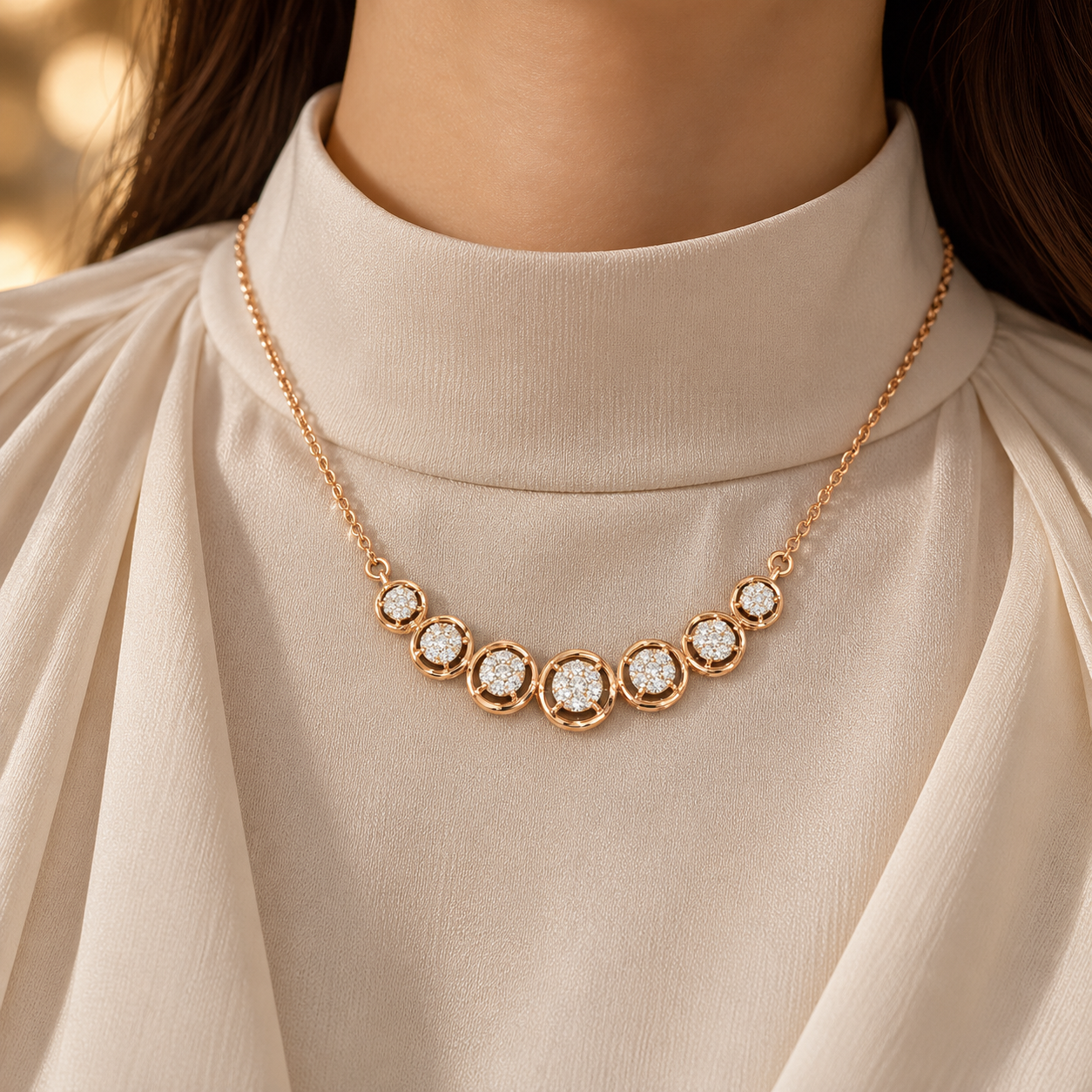 Seven Circle Round Stone Cluster Rose Gold Station Necklace