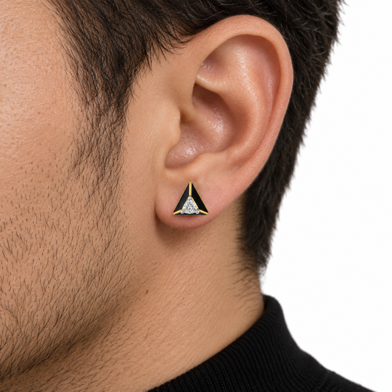 Men’s Black Triangle Yellow Gold-Tone Stud Earring with Trillion-Style Stone