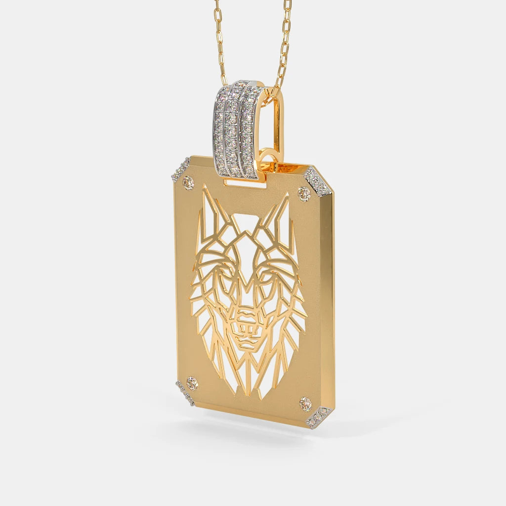 Geometric Wolf Cutout Diamond Tag Pendant