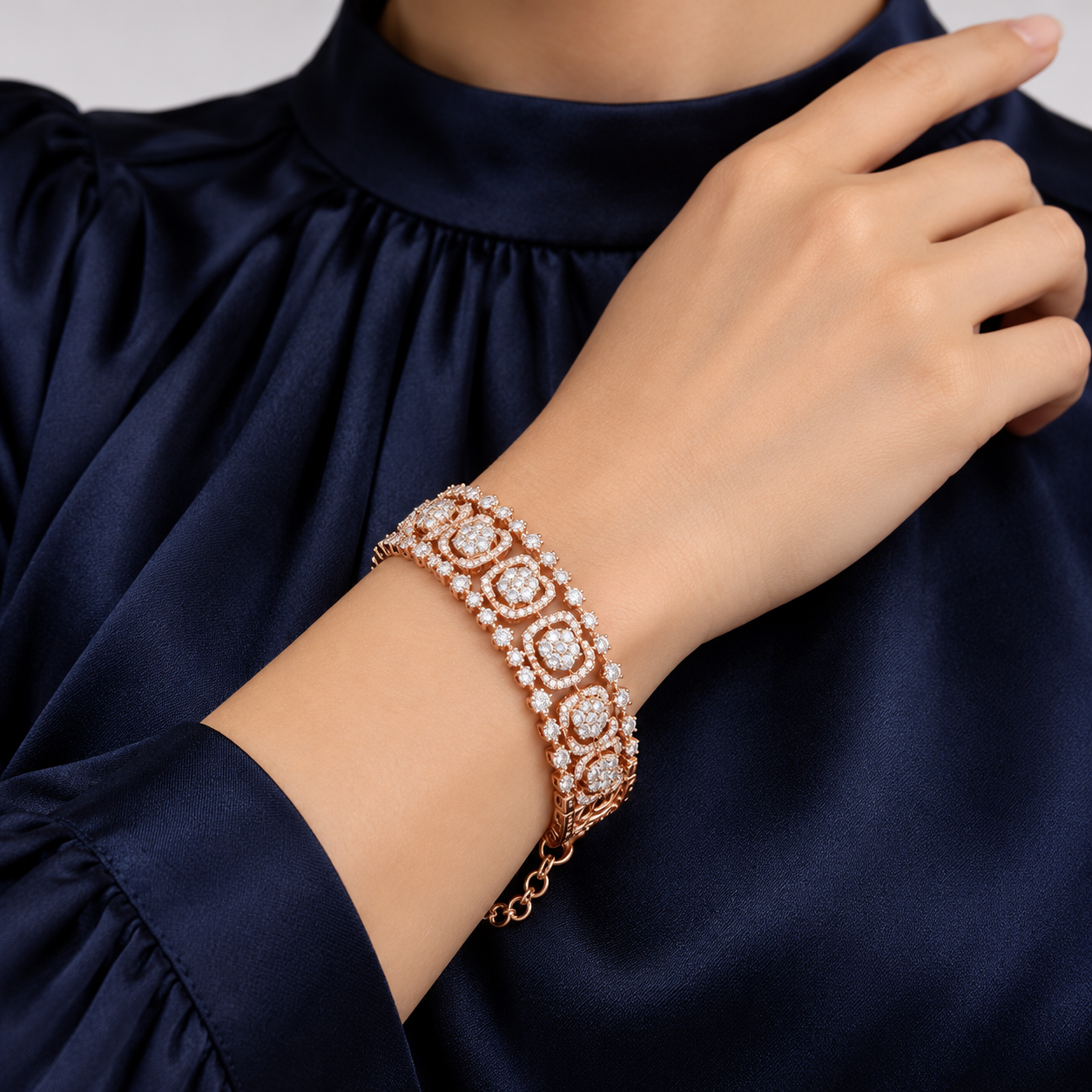 Rose Gold-Tone Cushion Halo Cluster Wide Bracelet
