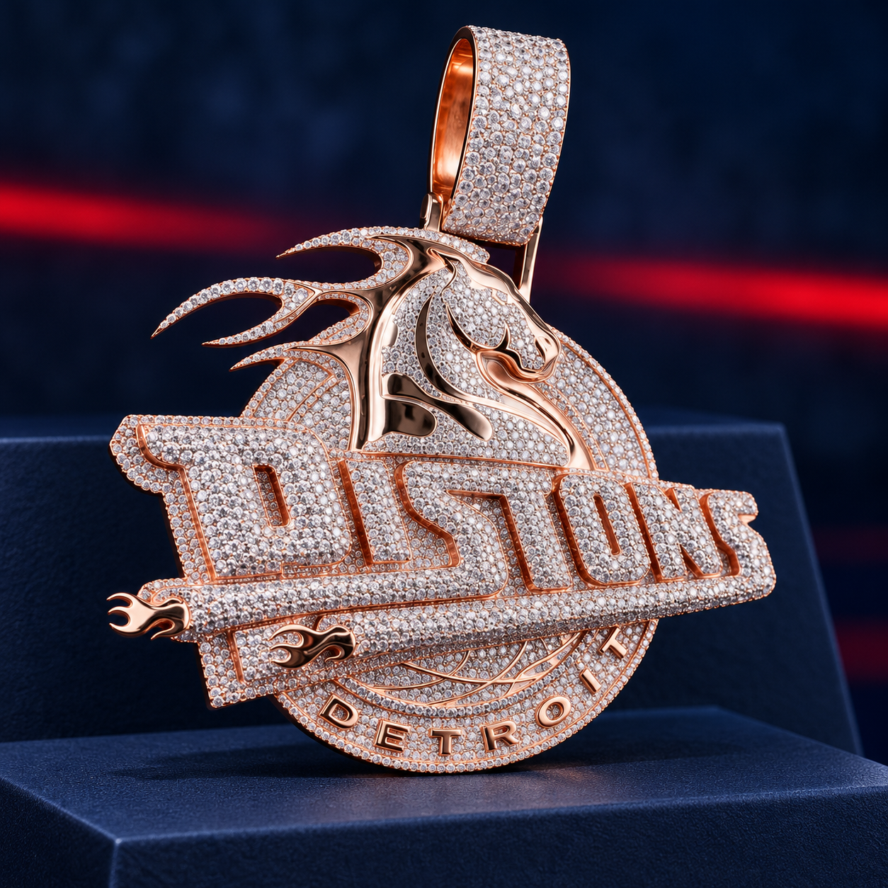 Detroit Pistons Horse Logo Style Iced Out Rose Gold-Tone Pendant – Basketball Hip Hop Jewelry