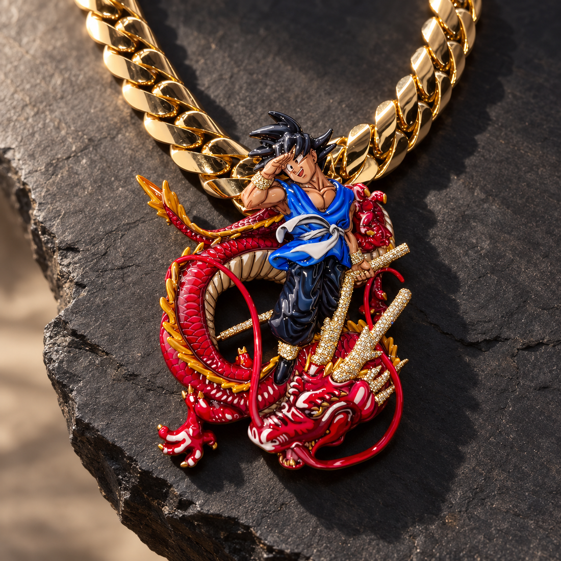 Anime Warrior and Red Dragon Pendant with Multicolor Detailing and Gold-Tone Stone Accents