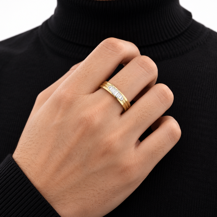 Seven Stone Graduated Baguette Yellow Gold-Tone Grooved Band Ring
